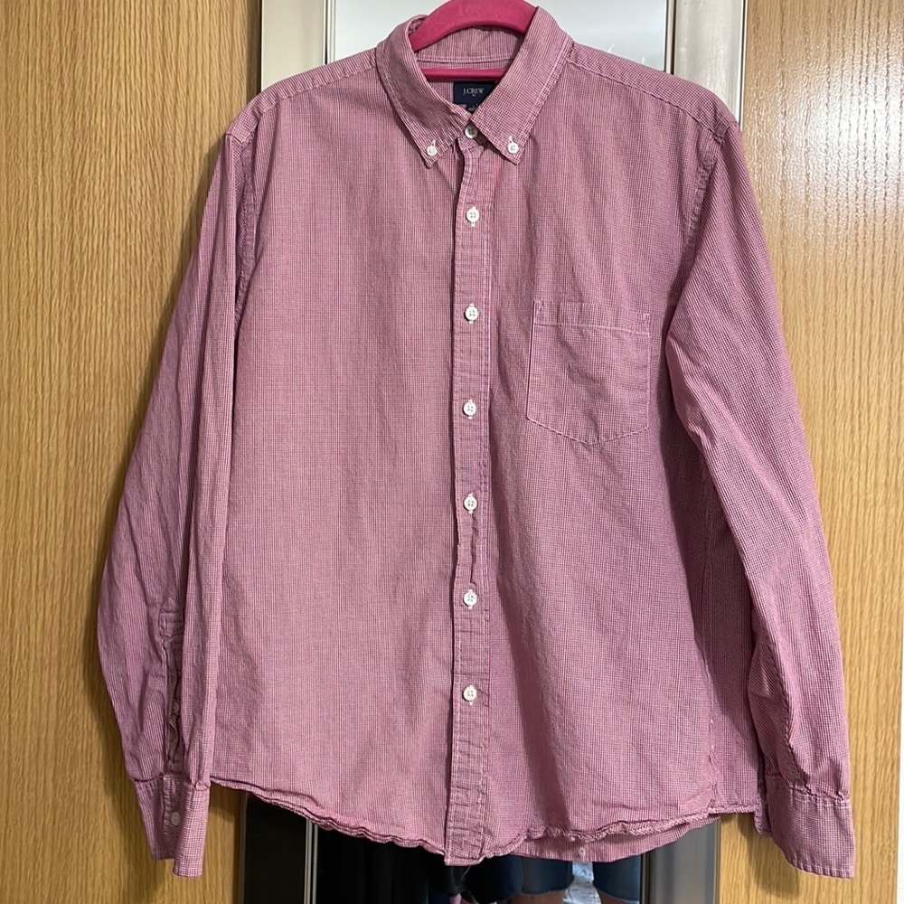 J. Crew red check button down long sleeve shirt size Large chest pocket